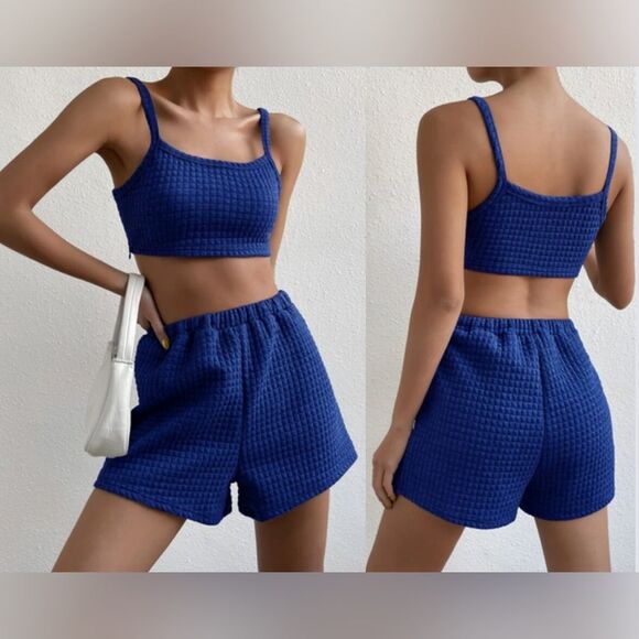 SHEIN Royal Blue Quilted Cropped Cami and Shorts Set Women’s Size M - Picture 1 of 6